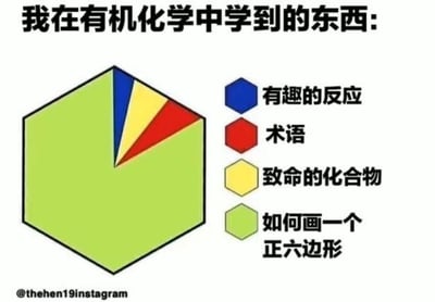 这是一张用于调侃有机化学学习的自嘲梗图，以六边形饼图的形式呈现“我在有机化学中学到的东西”。饼图中，“如何画一个正六边形”占据了几乎全部的面积，而“有趣的反应”“术语”“致命的化合物”这些专业相关内容只占极小的部分，用夸张的比例来吐槽有机化学学习中，画苯环结构式时反复练习正六边形的经历给学习者留下了极其深刻的印象，充满了对专业课学习的搞笑自嘲。