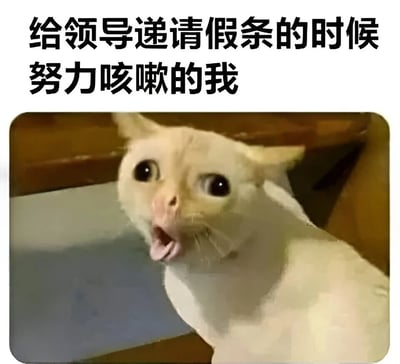 图片上方有黑色文字'给领导递请假条的时候 努力咳嗽的我'，下方是一只表情夸张的白猫，它瞪大眼睛、张大嘴巴，仿佛在用力咳嗽。这张图通过猫咪的搞笑表情，幽默地表现了员工为了让请假理由更可信而故意咳嗽装病的场景。