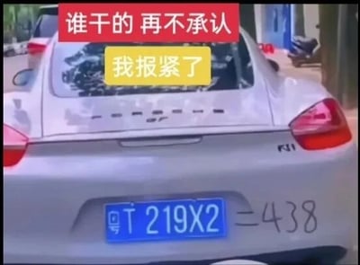 这是一张经过文字加注的照片改图，画面主体是一辆白色保时捷跑车的尾部，车牌为粤T219X2，有人将车牌中的字母“X”当作乘号，在车牌右侧手写了“=438”，玩了219×2=438的算术梗，对车牌进行恶搞。图片上方添加了两个文字框，红色框内文字为“谁干的 再不承认”，黄色框内文字为“我报紧了”，这里使用了谐音梗，“报紧”是“报警”的谐音，应该是车辆主人发现车辆被恶搞后，发布此图质问恶搞者，表达自己的不满。