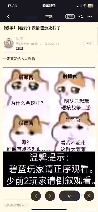 这是NGA论坛用户“飘洛”分享的一张游戏向改编meme梗图，以经典猫猫疑惑四格meme为模板，针对《碧蓝航线》与《少女前线2：追放》两款二次元战争游戏的玩家心态差异设计。图中以两款游戏玩家的共同自称“指挥官”串联四格内容：正序观看时，对应碧蓝航线玩家的心态变化——最初疑惑“为什么会这样？”，随后怅然表示“明明只想玩硬核战争二游”，接着察觉“嗯？好像有点不对劲……”，最后心态转变为“看我不超市这群大莱莱”；倒叙观看则对应少女前线2玩家的心态：从想“超市”菜鸡的得意，到发现不对劲的疑惑，再到怅然，最后陷入“为什么会这样？”的疑惑，精准戳中两款游戏实际体验与玩家预期的反差。图末的温馨提示明确了不同游戏玩家的观看方式，放大了梗图的针对性和趣味性。