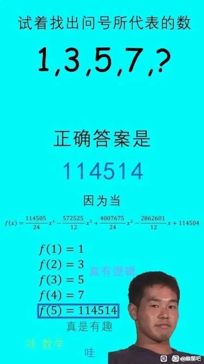 这是一张玩梗整活的图文混排静态图，以常规数列找规律问题“1,3,5,7,？”为引子，跳出正常数学逻辑，给出网络圈知名梗数114514作为“正确答案”，并通过构造一个四次插值函数，让函数在x=1到x=4时分别对应数列的1、3、5、7，x=5时对应114514，以此强行赋予无厘头答案“数学合理性”。图中还配有“真有逻辑”“真是有趣”等调侃性文字，右下角加入《真夏夜的银梦》里的野兽先辈（田所浩二）的头像，将数学插值方法与inm圈的114514、野兽先辈梗结合，形成荒诞搞笑的整活效果，属于网络亚文化与数学元素结合的趣味创作。