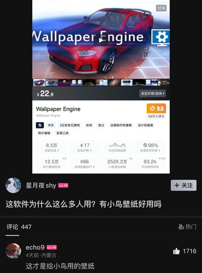 这是一张竖屏的网络社区帖子截图，主体内容为：上方展示了动态壁纸软件Wallpaper Engine在小黑盒平台的商品信息页，显示该软件当前售价为22.9元，评分为9.8分，共有9.6万人参与评分，还标注了支持中文，当前在线8.5万人、史低价格17元、全语言好评率98%、昨日峰值在线12.5万人、全球销量排行#66、小黑盒玩家数2528.2万、平均游玩时间83.2小时等数据；下方发帖用户星月夜shy提问：“这软件为什么这么多人用？有小鸟壁纸好用吗”，下方高赞热门评论由用户echo9发出，内容为“这才是给小鸟用的壁纸”，玩双关谐音梗，“小鸟”一语双关，既指代第三方软件小鸟壁纸，又暗指男性隐私器官，暗示Wallpaper Engine存在不少成人向内容，属于玩家群体间的搞笑玩梗内容。