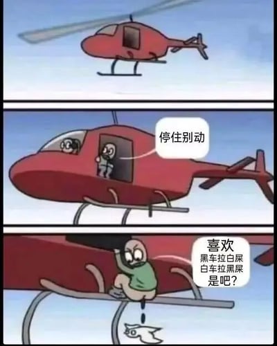 这是一幅由三格画面组成的连环卡通搞笑图，采用剧场式构图。第一格展示了一架红色直升机在空中飞行的画面；第二格中，直升机驾驶舱内的一名卡通角色探出头，对着下方喊出“停住别动”；第三格揭晓了荒诞的真相：一名身穿绿色上衣的卡通角色蹲在直升机的起落架上正在排便，下方有白色的粪便，该角色面露怒色，对着直升机内的角色喊道“喜欢黑车拉白屎 白车拉黑屎是吧？”。这个内容的笑点在于角色的误会，他将直升机的喊话错误解读为是针对自己“红色直升机（被他调侃为‘黑车’）排出白色粪便”的情况，从而产生愤怒的回应，制造出无厘头、荒诞的搞笑效果，没有双关或谐音梗，纯粹是通过场景的误会来营造喜剧感。