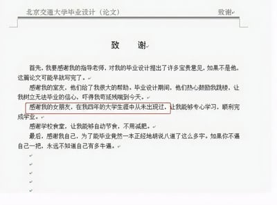 这是一张北京交通大学毕业设计（论文）的致谢页截图，致谢内容完全脱离常规的感恩风格，采用反讽、自嘲的幽默语气撰写。内容依次以调侃的方式“感谢”指导老师，反称老师的意见拖慢了论文进度；“感谢”室友的“反向鼓励”给自己带来毕业压力；最具笑点的是感谢大学四年从未出现的女朋友，以此自嘲单身状态，调侃单身让自己能专心学习；还吐槽学校食堂的饭菜质量，称其让自己自动节食；最后自嘲为了毕业硬凑字数，用戏谑的口吻展现出当代大学生在毕业季的轻松自嘲心态，用夸张的表达释放毕业前的压力，整体风格诙谐有趣，精准戳中大学生群体的共鸣点。