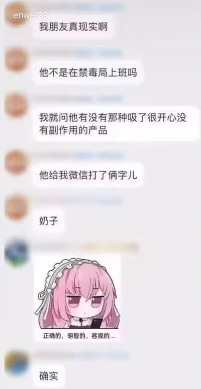 这是一段竖屏的微信聊天记录截图，用户enwei29分享了自己与在禁毒局上班的朋友的趣味对话：询问对方有没有吸了开心且无副作用的产品，朋友回复“奶子”，玩了“吸”字的双关梗——将原本指向毒品的“吸”转换为吸奶的动作，既坚守了禁毒的正确立场，又用搞笑的方式回应了问题。随后其他群友发送了配文“正确的，明智的，客观的...”的粉色头发少女表情包，并附言“确实”，表达对这个回复的认同。
双关梗说明：利用“吸”的多义性，把询问毒品的语境巧妙转换为生活化的搞笑内容，规避了涉毒风险，同时制造出反差笑点。