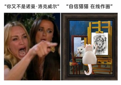 这是一张左右拼接的反差梗图，左侧是美国真人秀《比弗利娇妻》中的经典表情包画面：一名金发女子张大嘴巴、表情愤怒，伸出手指向前方，做出强烈指责的姿态，上方配文“你又不是诺曼·洛克威尔”；右侧是一幅创意插画，一只白猫坐在画架前，对着镜子画出了狮子的画像，仿佛将自己想象成凶猛的狮子，神态自信悠然，上方配文“自信猫猫 在线作画”。整图通过“苛刻指责”与“自信创作”的强烈反差制造笑点，拿美国著名写实主义画家诺曼·洛克威尔来调侃猫咪的“画作”达不到大师水准，进一步放大了幽默效果，是结合了经典表情包与创意插画的趣味二次创作。