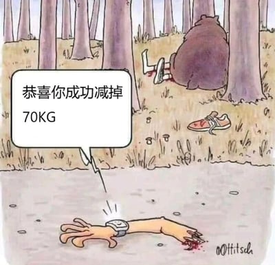 森林场景的卡通漫画，画面中有一只大熊背对观众坐在树下，旁边散落着一双运动鞋。地面上有一只戴着手表的断手，断手处有血迹。一个对白气泡中写着“恭喜你成功减掉70KG”。漫画通过黑色幽默的方式，暗示“减掉70KG”实际上是因为人被熊吃掉，70KG是人的体重，形成讽刺性的减肥成功调侃。
