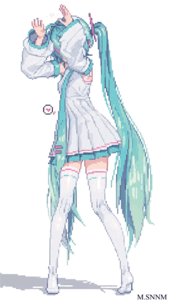 这是一段像素风格的初音未来跳舞动画，初音身着白蓝配色的简约款服饰，搭配白色过膝长袜，在画面中依次做出不同的可爱动作：先是双手抱臂，随后单手搭在身侧，接着抬手做出姿势，最后双手举过头顶摆动，过程中还有粉色爱心气泡冒出，整体风格软萌治愈，充满元气。