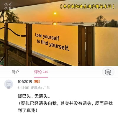 这张图分为上下两部分：上半部分是新加坡圣淘沙捷运车站的实拍场景，黄昏落日下的海景背景中，护栏玻璃上印着英文标语“Lose yourself to find yourself.”，意为“迷失自我，方能找回自我”，氛围温暖治愈；下半部分是哔哩哔哩（B站）的评论区截图，IP属地为广东的用户用中式短句“疑已失，无遗失。”解读了这句英文，并补充说明其含义为“疑似已经遗失自我，其实并没有遗失，反而是找到了真我”，将英文的人生感悟用极具东方韵味的方式诠释，意境契合。