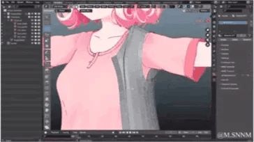 这是一段趣味动态GIF，内容围绕3D建模软件Blender展开：粉发二次元女孩最初出现在Blender的视图窗口中，随后她像是在操作软件下方的节点编辑器，接着软件的界面窗口逐渐移动，最终将女孩的头部完全遮挡，营造出一种3D建模工具‘反噬’创作者的搞笑效果，以拟人化的方式调侃3D创作过程中工具操作的复杂性，给人一种创作者被工具‘吞没’的趣味观感。