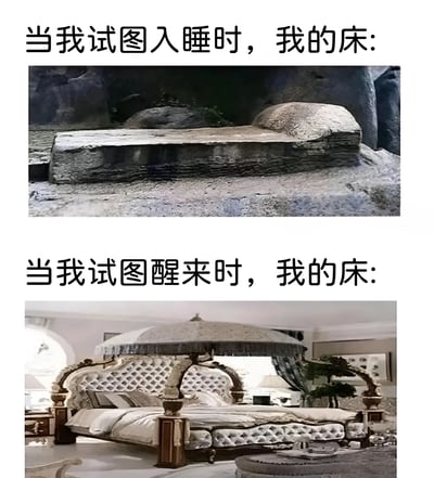 这是一张上下对比梗图，上方文字为“当我试图入睡时，我的床：”，配图是一块粗糙的石床，位于类似洞穴的环境中，显得简陋且不舒服；下方文字为“当我试图醒来时，我的床：”，配图是一张装饰华丽的豪华大床，带有精致的雕花床头、柔软的床垫和帷幔，整体氛围舒适奢华。通过两张床的巨大反差，幽默地表现了人们在想睡觉时觉得床不舒服，想醒来时却觉得床太舒适不想起的矛盾心理。