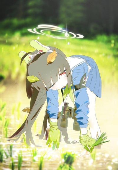 Anime-style illustration of a girl with gray hair, rabbit ears, and red eyes wearing a blue school uniform. She is bending down in a grassy field, appearing tired while holding binoculars and green plants. There are leaves in her hair and a water drop effect above her head.