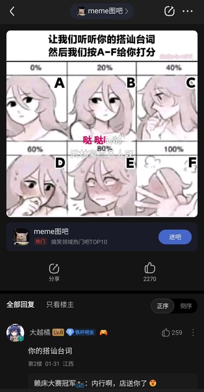 这是一张发布在百度贴吧“meme图吧”的趣味梗图，以一个卡通女性的六种不同表情状态对应A到F六个评分等级，分别匹配0%到100%的好感度：A级（0%）为面无表情，B级（20%）是平淡注视，C级（40%）是害羞托腮思考，D级（60%）是脸红窘迫，E级（80%）是脸红无语，F级（100%）是捂脸拒绝。图中额外添加了“哒哒哒哒 武林豪杰几人叹”的玩梗文字。帖子评论区里，用户“大越橘”留言引导分享搭讪台词，用户“赖床大赛冠军”回复玩梗，整体是用于让网友分享搭讪台词并对应趣味评分的互动类内容。