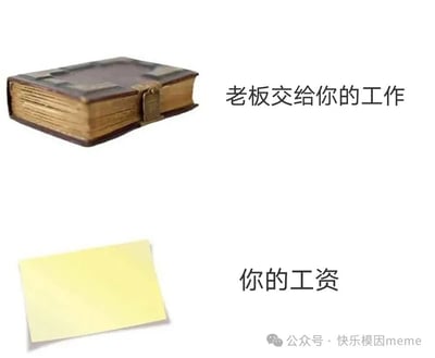 图片通过上下对比的方式展示了职场中的常见现象：上方是一本厚重的古书，配文'老板交给你的工作'；下方是一张轻薄的黄色便利贴，配文'你的工资'。通过物品体积和厚度的强烈反差，幽默地表达了工作量与薪资不成正比的职场感受。