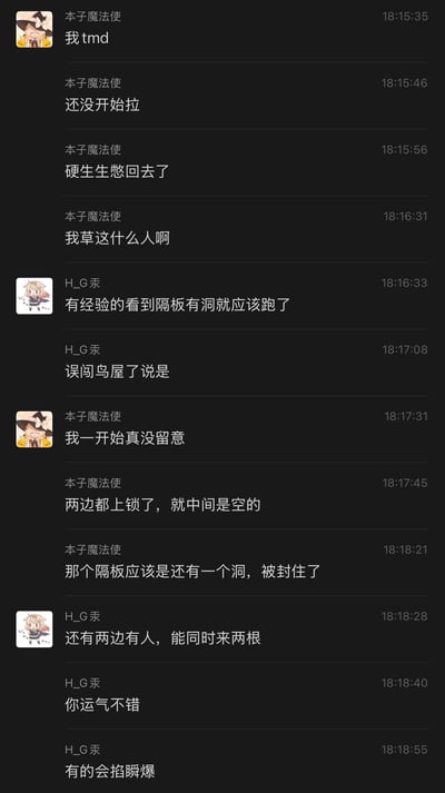 这是一张聊天记录截图，显示了用户"本子魔法使"和"H_L汞"之间的对话。对话内容围绕着一个涉及隔板有洞的场景展开，似乎描述了一个令人不适或危险的经历。用户"本子魔法使"表达了惊讶和不满，而"H_L汞"则提供了一些经验性的评论和建议。对话中包含一些粗俗语言和隐晦的描述。
