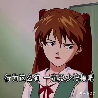 《新世纪福音战士》经典角色明日香·兰格雷的动画截图，她有着标志性的棕色双马尾，身着白色衬衫配红色领结及绿色背带裙，表情不满地皱眉斜视前方。图片底部添加了黑色文字：'行为这么狗 一定没少挨揍吧'，借用明日香傲娇暴躁的性格特点，对他人卑劣行为进行嘲讽吐槽。右下角可见'知乎@漂流'的水印标识。