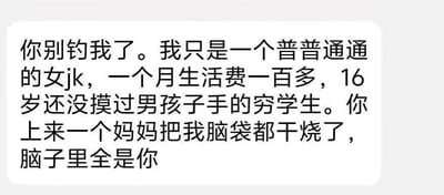 一张纯文字梗图，内容为一位自称“普普通通的女JK”的角色发出的幽默自嘲。她声称自己是16岁、月生活费仅一百多元、没牵过男生手的穷学生，却在结尾反转表示对方的举动让自己“脑袋干烧”“脑子里全是你”，通过夸张的自我贬低与突然的情感流露形成反差萌，制造搞笑效果。