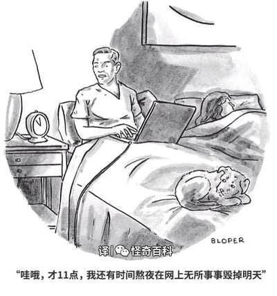 这是一幅黑白手绘静态漫画，展现了深夜卧室的场景。床头柜上的圆形闹钟清晰显示时间为11点，台灯置于闹钟旁；一名男子靠在床头，正操作着笔记本电脑，神情放松且带着一种无所谓的态度；他身旁的伴侣已经盖着被子熟睡，面部平静；床尾还趴着一只神情慵懒的小狗。图片底部配有中文文字：“哇哦，才11点，我还有时间熬夜在网上无所事事毁掉明天”，这句话精准地刻画出当代人明知熬夜会影响次日状态、浪费时间，却依然放纵自己在深夜上网消磨时光的矛盾心理，用自嘲的方式引发有相同习惯的人的共鸣。
