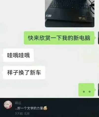 这是一张聊天记录截图，上方对话区域中，一名用户先发出黑色笔记本电脑的实拍照片，配绿色气泡文字邀请好友欣赏自己的新电脑，另一方先后用白色气泡回复赞叹的语气，随后玩梗调侃称“祥子换了新车”，发电脑的用户随后回复了仅带两个圆点的无语表情；截图下方是该内容的评论区，用户“明远”评论“...好一个文学的力量”并附带流汗黄豆表情，标注发布于3天前、地点为北京，整体内容通过文学梗隐晦调侃当代打工人买新电脑本质是购置干活的生产工具，充满自嘲趣味。