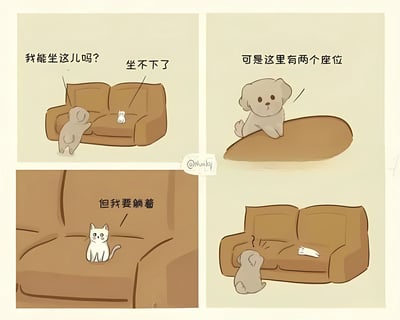 四格漫画展示了小狗和小猫关于沙发座位的有趣对话。第一格：小狗问沙发上的小猫'我能坐这儿吗？'，小猫回答'坐不下了'；第二格：小狗疑惑'可是这里有两个座位'；第三格：特写小猫说'但我要躺着'；第四格：小狗看着横躺在整个沙发上的小猫，露出问号表情。通过动物间的可爱互动展现了幽默的日常场景。