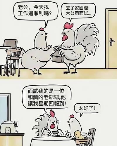 这是一幅两格连环漫画，主角是拟人化的鸡家庭。第一格中，母鸡站在房间里询问刚进门的公鸡老公：“老公，今天找工作还顺利吗？”，公鸡手持公文包笑着回答：“去了家国际大公司面试...”。第二格场景转到餐桌旁，公鸡继续兴奋地说：“面试我的是一位和蔼的老爷爷，他让我星期四报到！”，母鸡和旁边的小鸡听到后开心回应：“太好了！”。整幅漫画通过动物拟人化展现了职场面试成功的温馨家庭场景，风格轻松幽默。