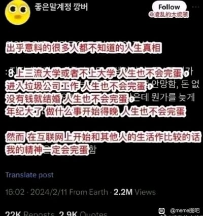这是一张来自海外社交平台的社交媒体截图，属于图文混排的静态图。图中左上角有一个黄色的惊讶表情，旁边配有韩文“좋은말계정 깡버”，右上角有“Follow @凌乱的大统领”的关注标识。核心内容是用粉色边框标注的一段关于人生真相的文字：先列举了几种大众眼中的“不理想人生选择”——上三流大学或不上大学、进入垃圾公司工作、没钱就结婚、年纪大才开始做事，指出这些情况都不会让人生完蛋；随后话锋一转，点明如果在互联网上和他人的生活作比较，自己的精神一定会完蛋。这段文字戳中了当代人容易在网络环境中陷入同辈焦虑、精神内耗的痛点，用反差的表述缓解人们对“不完美人生”的焦虑，引发共鸣。图的底部显示发布时间为2024年2月11日16:02，浏览量达220万，右下角还有国内“@meme图吧”的转载标识。