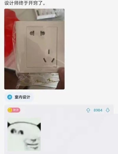这是一张社交媒体平台的截图内容，整体分为上下两个区域。上方是一个被透明塑料膜包裹的白色墙壁插座，它的两孔插座与三孔插座位置布局合理，不会出现常见的插头互相遮挡、无法同时使用的问题；插座上方配有文字“设计师终于开窍了。”，直白地表达了对这种人性化插座设计的肯定与赞赏。下方是该内容的评论区部分，一条被标注为“神评”的评论搭配了一个露出坏笑表情的熊猫头表情包，这条评论获得了8984个点赞，同时内容带有“室内设计”的话题标签。这张图通过对比常见插座的反人类设计，突出这款插座的实用性，引发有类似使用痛点的网友共鸣。