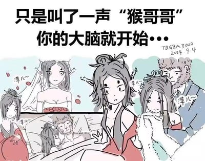 这是一张手绘连环梗图，顶部配有文字“只是叫了一声‘猴哥哥’，你的大脑就开始…”。画面以中间露出震惊表情的女性角色“萍儿”为视角，展现了她喊出“猴哥哥”后，大脑不受控制脑补出的一系列离谱场景：和经典角色孙悟空举行婚礼、同床共枕、亲密依偎等，每个场景里的孙悟空都亲昵地唤她“萍儿~”。整张图用夸张的脑补情节，调侃人在喊出带有亲昵感的称呼后，大脑会自动浮现戏剧化的亲密画面，充满反差搞笑的效果。