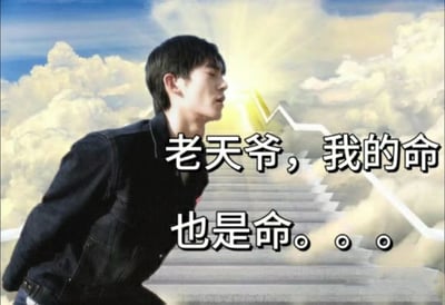 这是一张经过P图改编的表情包，主体是演员易烊千玺的截图，他身体前倾仰头，面露悲愤无奈的神情，背景被替换为带有光芒的天堂阶梯，同时叠加了呈下跌趋势的股市折线图。图中配文“老天爷，我的命也是命。。。”，通过夸张的画面组合和直白的文字，强烈地表达了人们在面对生活困境、职场压力或者股市亏损等不如意处境时，那种委屈、心酸又充满无奈的情绪，是用来宣泄负面情绪的热门表情包。