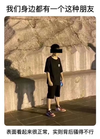 这张图片展示了一个站在石墙前的人，面部被模糊处理。图片上方配有文字'我们身边都有一个这种朋友'，下方配有文字'表面看起来很正常，实则背后骚得不行'。这种反差幽默地描述了那些外表普通但内心活泼有趣的朋友。