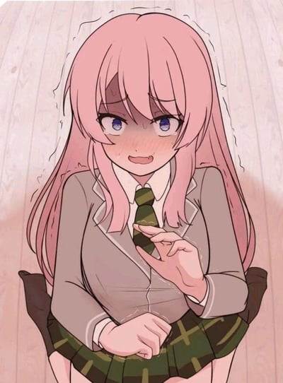 图中是一位粉色长发的二次元少女，身着灰色带白边的校服外套、白衬衫与绿格领带。她脸颊通红，眼角含泪，嘴角挂着口水，身体微微发抖，一只手揪着领带，另一只手扯着裙摆，整个人呈现出极度窘迫、害羞又紧张的状态，仿佛正处在让自己无比难为情的场景中。图中没有双关、谐音梗或暗示内容。