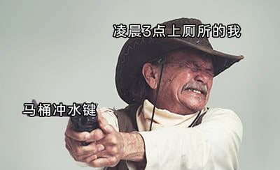 这是一张搞笑生活梗图，图中主体是一位戴着深色牛仔帽的老年男性，他眉头紧皱、脸部肌肉紧绷，表情痛苦狰狞且双眼紧闭，双手紧握着一把手枪，摆出瞄准射击的姿势。图片上方配有文字“凌晨3点上厕所的我”，手枪位置配有文字“马桶冲水键”，通过夸张的类比，将凌晨起夜后按下马桶冲水键的动作，比作牛仔艰难开枪的过程，生动地表现出凌晨被马桶冲水的巨大噪音冲击的无奈与难受，精准戳中了很多人凌晨起夜时不想被噪音打扰但又不得不冲水的生活痛点，用幽默的方式吐槽日常的小尴尬。