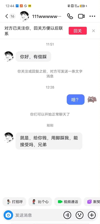 这是一张微博私信的聊天记录截图，陌生网友先发送消息“你好，有偿踩”，接收方回复“啥？”表示疑惑，随后对方解释是付费请求被用脚踩，整个对话充满迷惑感，属于非常猎奇的社交请求，让人摸不着头脑。截图中还包含平台的系统提示文字，比如回关提示、聊天权限提示等。