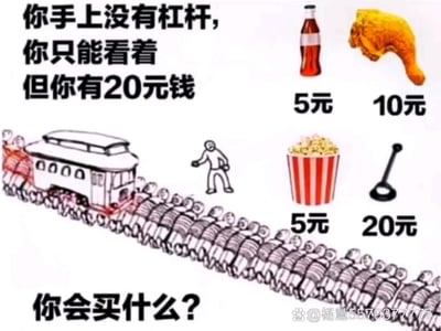 图中左侧文字描述场景：'你手上没有杠杆，你只能看着但你有20元钱'，底部文字提问'你会买什么？'。右侧展示四种商品及对应价格：可乐（5元）、鸡腿（10元）、爆米花（5元）、弹弓（20元）。左下角有简笔画风格插图，描绘一名人物注视着由多人拉动的火车。整体通过文字与图像结合，呈现一个关于20元钱消费选择的趣味场景。