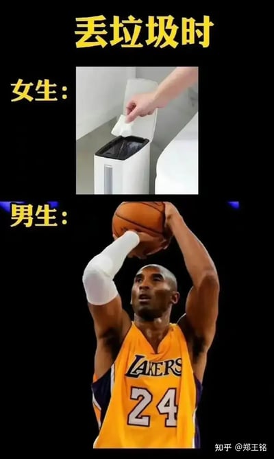 图片以“丢垃圾时”为主题，上下分为女生和男生两个情景。女生部分是一只手慢慢把垃圾丢进垃圾桶，男生部分用一名身穿洛杉矶湖人队24号球衣的篮球运动员投篮的姿势，暗示男生丢垃圾时像打篮球一样扔进垃圾桶。整体用夸张方式幽默对比男女行为差异，表达日常生活趣图。图片没有明显双关或谐音梗，但男生部分使用篮球投篮动作有一定暗示——男生丢垃圾常喜欢远距离“投篮式”丢垃圾，表现为搞笑与演绎。
