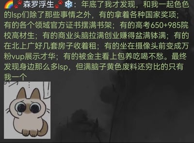 这是一张社交平台动态截图，用户“森罗浮生”带着彩虹、爪印、雪花的昵称后缀，在年底发出自嘲式感慨：和自己一起聊“色色”内容的LSP们，各自都拥有亮眼的成就——有人斩获国家奖项，有人持有多领域官方证书，有人是高考650+的985院校高材生，有人创业成功赚得盆满钵满，有人在北上广坐拥多套房产收租，有人是万粉VUP在镜头前展示才华，还有人被金主包养衣食无忧；最后用户无奈自嘲，只有自己满脑子相关想法还穷困潦倒。配图是一只眼眶含泪、眼神委屈的蹲坐猫猫表情包，精准放大了这种心酸、无奈又自嘲的情绪。