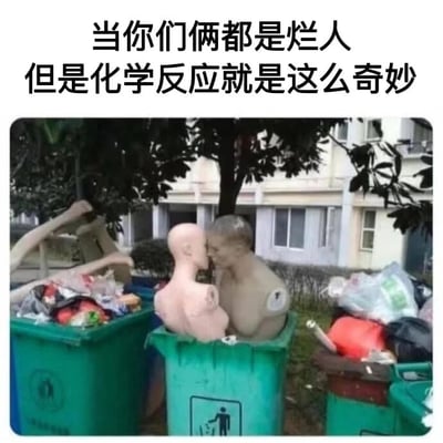 图片上方配有文字'当你们俩都是烂人 但是化学反应就是这么奇妙'，下方是一张实拍照片，内容为两个废弃的人体模型头部被放置在绿色垃圾桶中，头部相互靠近，呈现出类似亲吻的姿态，周围还有其他垃圾桶和树木背景。通过将'烂人'比喻为垃圾桶中的废弃模型，用'化学反应'幽默地形容两个不完美的人之间产生的奇妙吸引力。