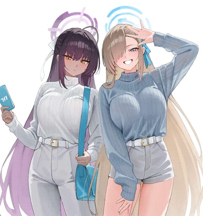 这是一张《蔚蓝档案》的二次创作同人插画，图中呈现了角楯花凛与一之濑明日奈的私服造型。左侧的角楯花凛有着深紫渐变长发与琥珀色眼眸，身着白色高领针织衫搭配白色长裤，手持手机，表情平静淡然；右侧的一之濑明日奈有着浅金色长发与蓝色眼眸，身着灰蓝色高领针织衫搭配浅灰色短裤，正抬手比出俏皮姿势，笑容灿烂。两人头上保留了原作标志性的光环元素，整体画风柔和温馨，传递出轻松惬意的日常氛围。