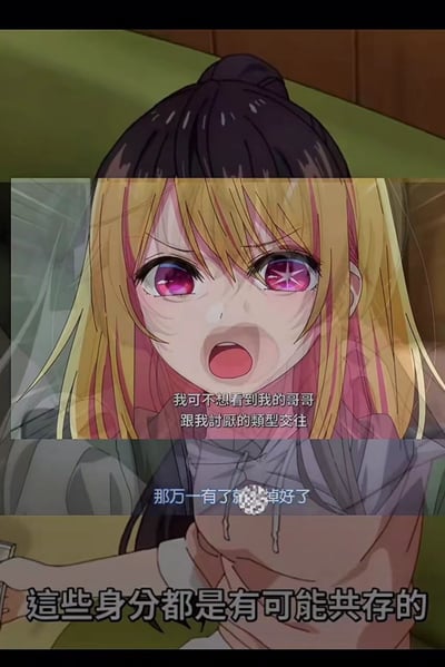 图片展示了一个动漫风格的女孩特写，她有着金色长发和粉色星星图案的眼睛，表情极度震惊，嘴巴大张。画面中叠加了多行中文字幕，内容涉及对哥哥交往对象的不满：“我可不想看到我的哥哥跟我讨厌的类型交往”，以及一句部分被马赛克遮挡的“那万一有了就好了”。底部还有一行文字“這些身分都是有可能共存的”。背景隐约可见室内环境，整体呈现出动画截图的特征。