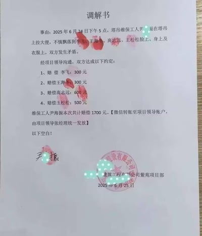 这是一份项目工地的调解书，事由为2025年6月24日下午5点，塔吊维保工人尹海振在塔吊上大便，不慎飘落到李飞、王海冬、高志远、王松松四人的脸上、身上及衣服上，双方因此产生矛盾。经项目领导沟通调解，尹海振需赔偿四人共计1700元，其中李飞300元、王海冬300元、高志远600元、王松松500元，赔偿款需微信转账至项目领导账户，由张经理统一发放。调解书下方有尹海振的签字手印，以及建筑工程有限公司紫苑项目部的公章，日期为2025年6月25日。整个事件荒诞搞笑，属于工地里的奇葩纠纷案例。