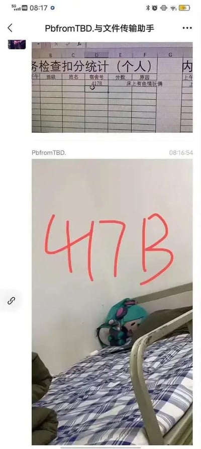 这是一组来自微信聊天的截图，包含两张图片，属于上下对比的内容。上方是一份名为“内务检查扣分统计（个人）”的表格截图，其中记录417B宿舍因“床上有色情玩偶”被扣分；下方是417B宿舍床铺的实拍图，床上放置的是虚拟歌手初音未来的周边玩偶，这是典型的内务检查误判乌龙，正常的动漫周边被错误判定为违规物品，形成了搞笑的反差效果。