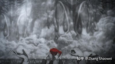 这是动画《进击的巨人》中的经典悲剧场景，画面整体以压抑的黑白灰为主色调，仅下方的艾伦·耶格尔的红色头发在灰暗背景中格外突出。艾伦双手抱头，呈现出崩溃绝望的姿态，背景里无数超大型巨人翻涌在烟雾中现身，正是作品中毁灭世界的'地鸣'发动的瞬间，强烈的视觉冲击传递出极致的压抑与末日感。
