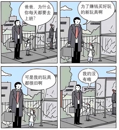 四格连环漫画描绘父子在公交站的对话：孩子天真询问爸爸为何每天上班，爸爸开玩笑说是为了买新玩具；孩子指出自己的玩具都很旧，爸爸却无奈回应'我的没有哦'。通过简单对话展现成人世界的压力与亲子间的幽默互动，背景有公交站和行人，画风为简约卡通风格。