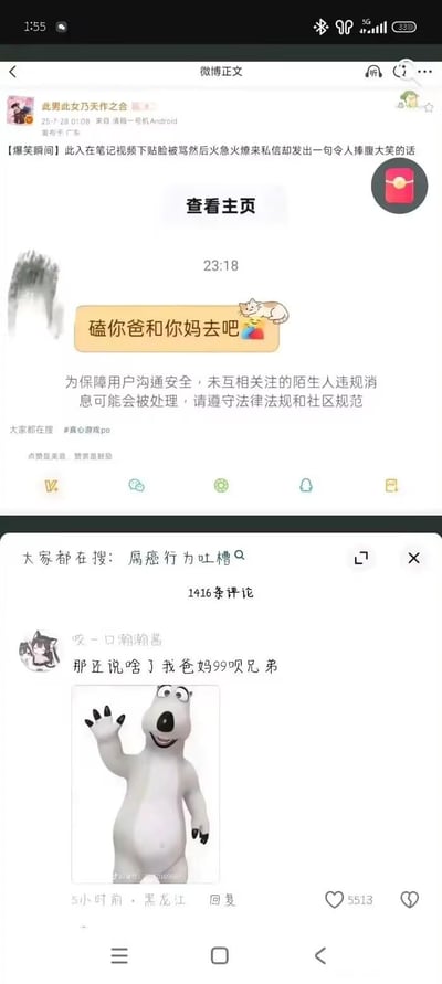 这是一张微博截图，展示了一个有趣的网络互动场景。画面上方是用户"此男出女乃刀之作"发布的一条微博，内容是分享有人在笔记视频下被骂后，私信发来一句令人发笑的话。中间部分是聊天记录截图，显示对方发送了"磕你爸和你妈去吧"的不当言论，系统提示"为保障用户沟通安全，未互相关注的陌生人违规消息可能会被处理"。下方是评论区，用户"咬一口帕帕酱"用一张挥手的北极熊表情包回应："那还说啥了 我爸妈99呗兄弟"，获得了5513个赞。整个截图记录了一次网络上的搞笑互怼事件。