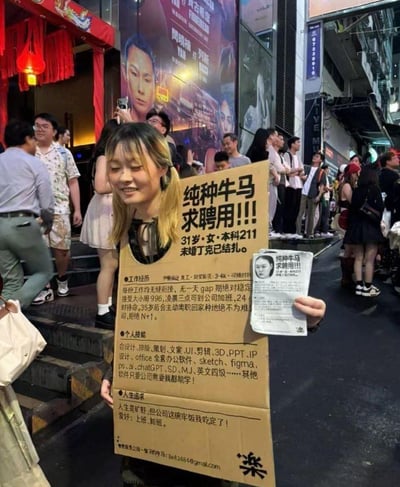 在热闹的城市街头商圈，一位扎双马尾的31岁211本科女生，穿着自制的纸板“简历衣”，手持打印的小传单，面带笑容进行求职。她的简历内容充满自嘲，自称“纯种牛马”，写下接受996、凌晨加班、35岁主动离职不索要N+1等极端迎合雇主的条件，用戏谑的方式调侃当下职场的内卷与求职困境。
其中“纯种牛马”是网络热词，指代被压榨的打工人，此处用来自嘲愿意无底线接受职场压榨；“人生是旷野”是网络流行语，当事人反用此句表示“要吃公司这碗牢饭”，形成强烈反差感。