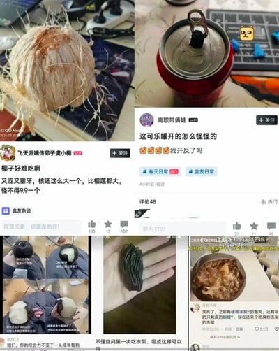 这是一张由四组社交媒体截图拼接而成的搞笑合集，展示了四位网友的食物翻车经历：
1. 左上角网友误将发芽的洋葱当作椰子吐槽，称其又涩又塞牙、核比榴莲大，调侃9.9元的价格很“值”；
2. 右上角网友把可乐拉环开反，疑惑自己是不是操作失误；
3. 左下角网友第一次吃冻梨，用力过猛把梨啃成奇怪的形状，被调侃咬合力堪比成年鬣狗；
4. 右下角网友第一次吃冻梨将其吸成戒指形状，还有网友吐槽买到了腐烂的冻梨，评论区玩梗调侃这些“冻梨受害者”。
整体内容充满生活中的搞笑反差感，让人忍俊不禁。