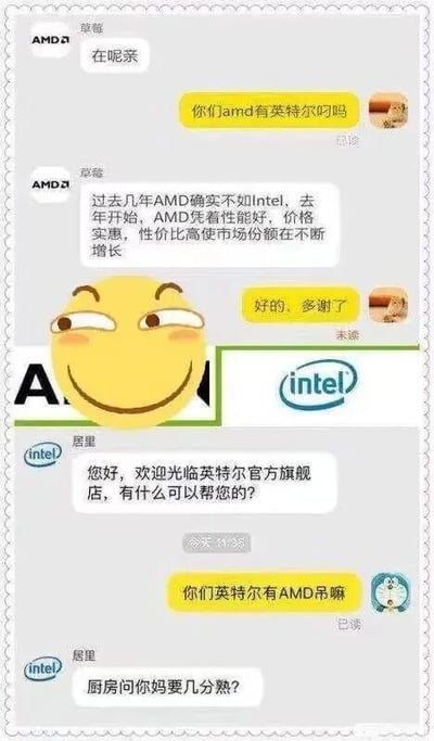 这是一张由两部分聊天记录拼接而成的静态图文混排截图，中间配有AMD、Intel的品牌标识以及一个滑稽表情图，整体围绕两大芯片品牌的客服对话制造笑点。上半部分是用户与AMD客服的对话，用户询问“你们amd有英特尔吗”，AMD客服礼貌回应，说明过去几年AMD确实不如Intel，但从去年开始凭借性能优异、价格实惠、性价比高的优势，市场份额在持续增长，用户随后回复感谢；下半部分是用户与英特尔客服的对话，用户提问“你们英特尔有AMD吊嘛”，这里运用了谐音梗，“AMD吊”谐音“AMD屌”，带有调侃意味，英特尔客服则用“厨房问你妈要几分熟？”回应，同样使用谐音梗，以“煮（怼）人”的玩笑方式反怼用户，整体内容通过模拟电商客服对话场景，利用谐音梗调侃两大芯片品牌的竞争关系，充满趣味性。