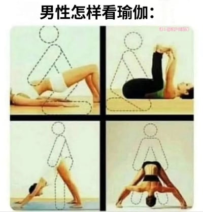 四格连环漫画，标题为“男性怎样看瑜伽：”。每格展示一位女性进行不同瑜伽动作，画面上方叠加虚线绘制的简笔人形，以夸张简化的方式模拟男性视角下对瑜伽姿势的“误解”，形成真实动作与简化认知的搞笑对比，调侃男性对瑜伽的表面化认知。