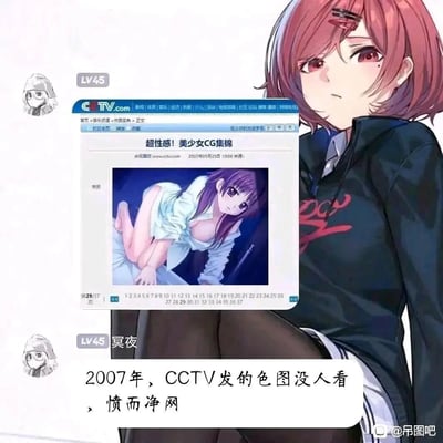 这是一张网友恶搞的合成图文，画面主体是一位红发红瞳、身着黑色上衣与黑丝的二次元女性，她身前嵌入了一个伪造的CCTV.com网页截图，网页标题为“超性感！美少女CG集锦”，展示了一张姿势露骨的紫发二次元女性CG图，网页标注时间为2007年3月25日，页码为29/37。图片下方配文“2007年，CCTV发的色图没人看，愤而净网”，以无厘头的方式将早期互联网内容环境与后来的净网行动关联，编造了离谱的因果关系，属于调侃性质的网络梗图，右下角带有“@吊图吧”的水印，表明传播社区。
