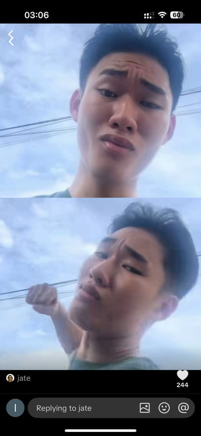 两张连续的男子自拍截图，上方图片中男子表情困惑地直视镜头，下方图片中男子歪头并握拳做出夸张反应，背景为天空和电线。